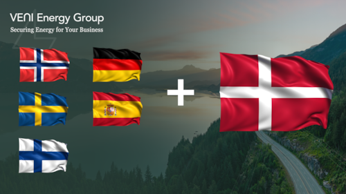 Det norske, svenske, finske, tyske, spanske og danske flagget i klare farger som veiver i vinden